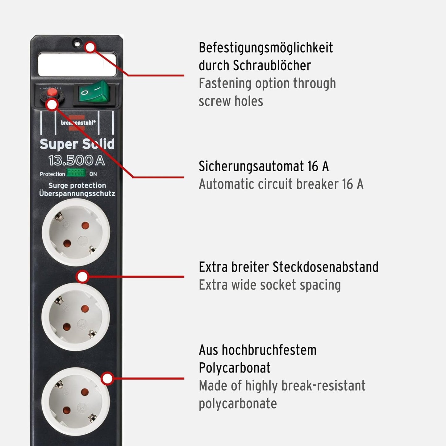 Brennenstuhl Super-Solid Steckdosenleiste 5-Fach mit Überspannungsschutz Mehrfachsteckdose mit 2,5m Kabel und Schalter