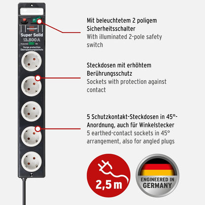 Brennenstuhl Super-Solid Steckdosenleiste 5-Fach mit Überspannungsschutz Mehrfachsteckdose mit 2,5m Kabel und Schalter