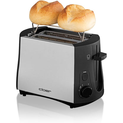 Cloer 3410 Toaster 825 W für 2 Toastscheiben integrierter Brötchenaufsatz Nachhebevorrichtung Krümelschublade Metallgehäuse