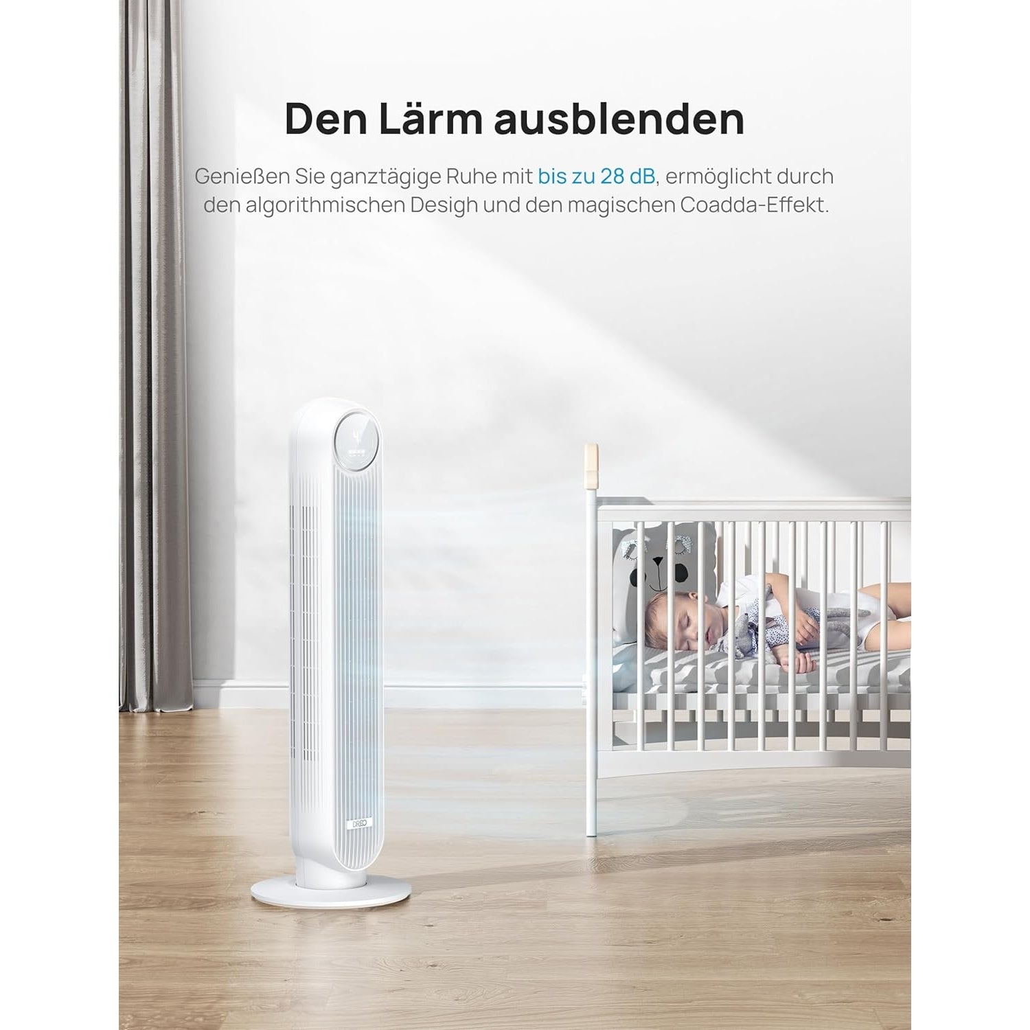 Dreo 28dB Leiser Turmventilator 4 Geschwindigstufen 4 Modi 8 Std. Timer 90° oszillierend