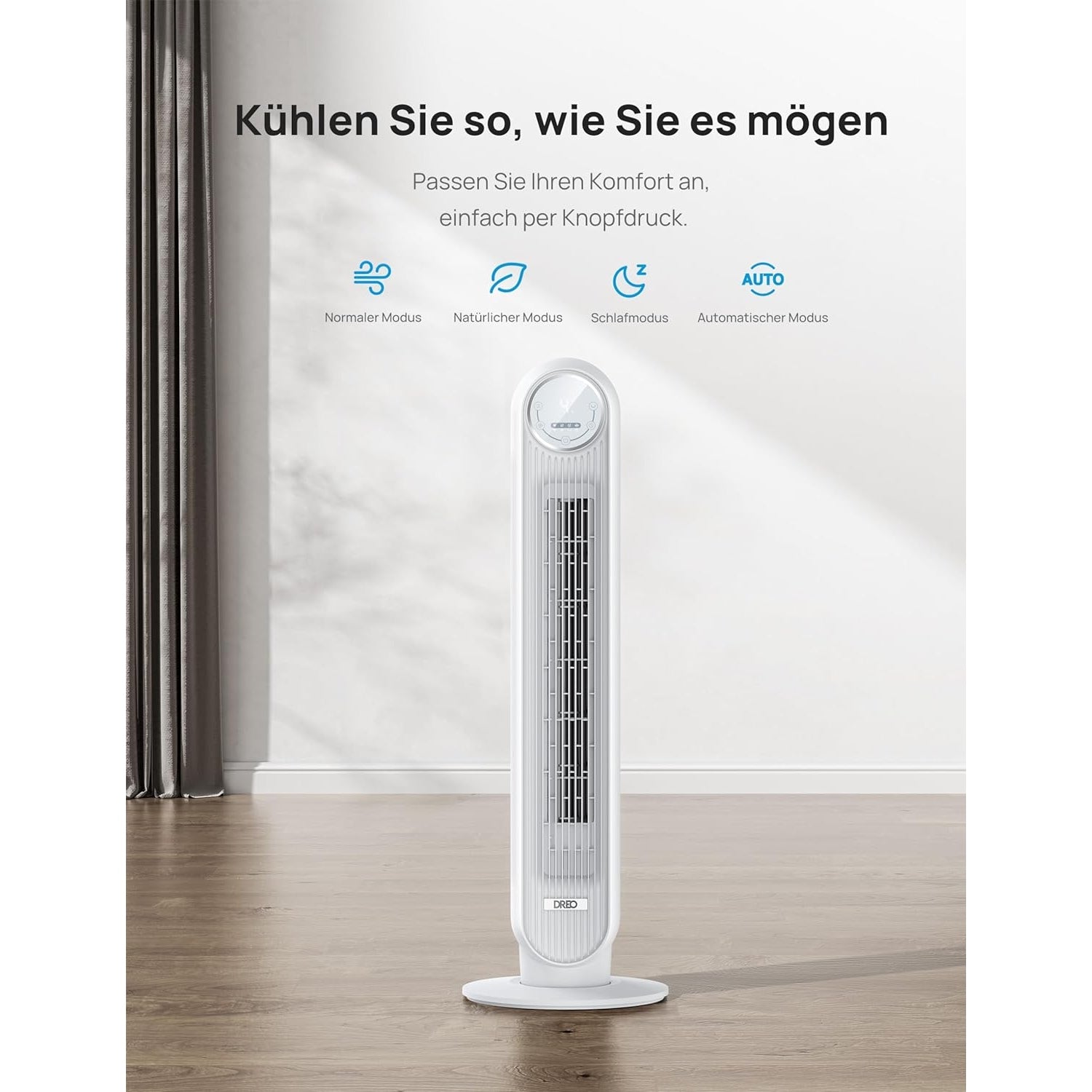 Dreo 28dB Leiser Turmventilator 4 Geschwindigstufen 4 Modi 8 Std. Timer 90° oszillierend