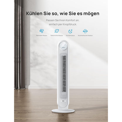 Dreo 28dB Leiser Turmventilator 4 Geschwindigstufen 4 Modi 8 Std. Timer 90° oszillierend