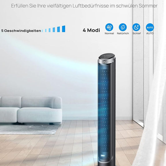 Dreo 28dB Leiser Turmventilator Kühlung Fernbedienung 5-Geschwindigkeit 4 Modi 12 Std Timer