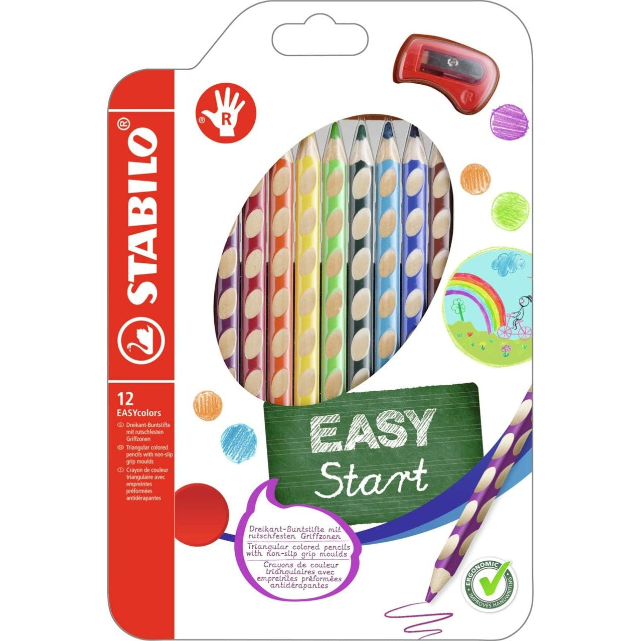 Ergonomischer Buntstift für Rechtshänder - STABILO EASYcolors - 12er Pack mit Spitzer