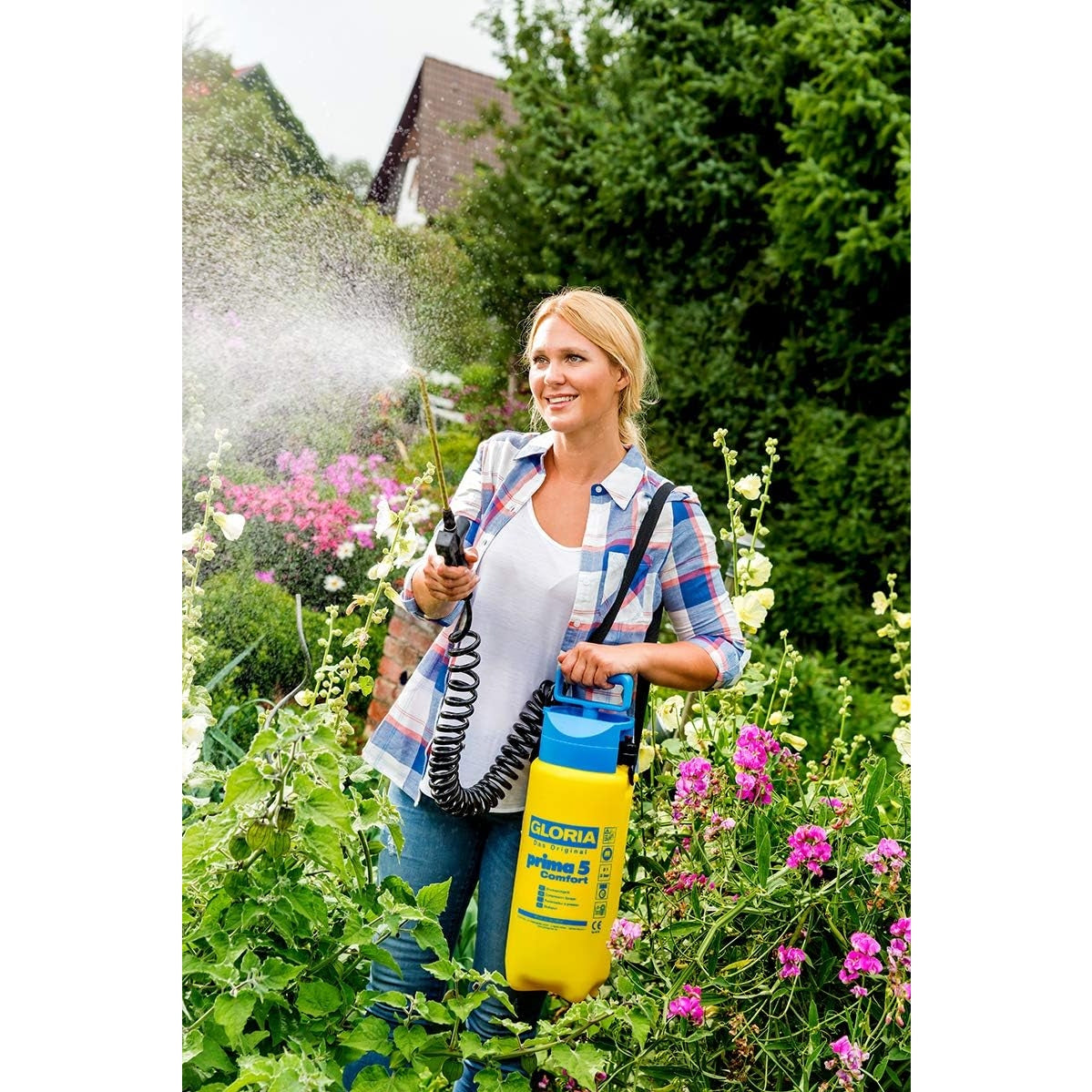 GLORIA Drucksprüher prima 5 Comfort | 5 L Gartenspritze/Drucksprühgerät | 2,5 m Spiralschlauch, Kompressoranschluss