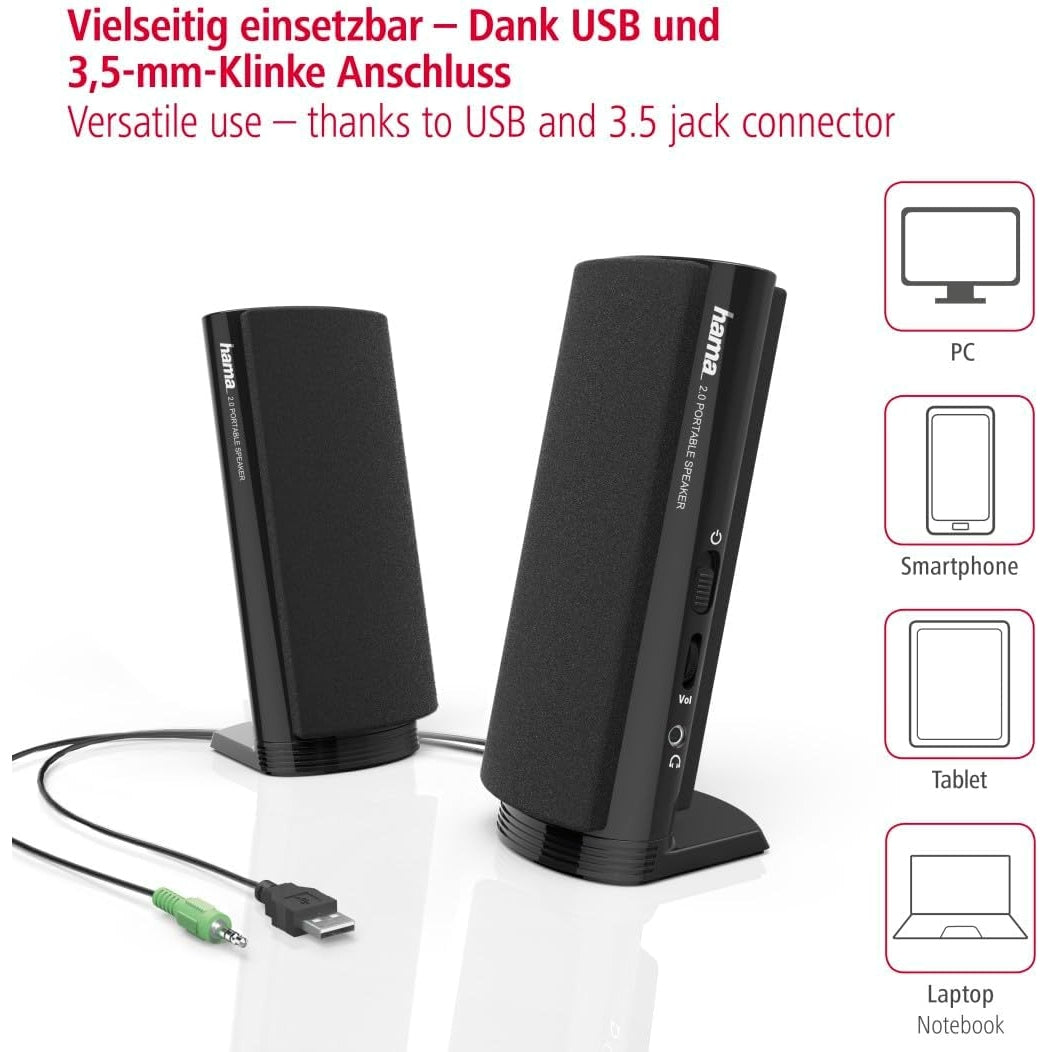 Hama Multimedia Lautsprecher E 80 PC Lautsprecher mit 3,5 mm Klinke, USB, 2,5 W, aktive Boxen