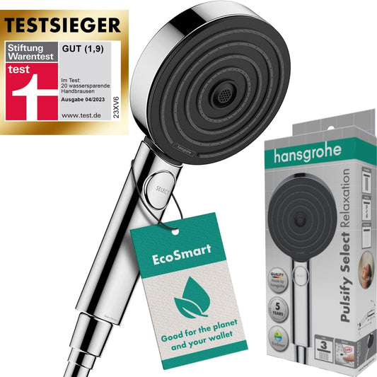 Hansgrohe wassersparender Duschkopf Pulsify Select S, Sparduschkopf, Duschbrause, 3 Strahlarten Relaxation, Antikalk-Funktion, Chrom