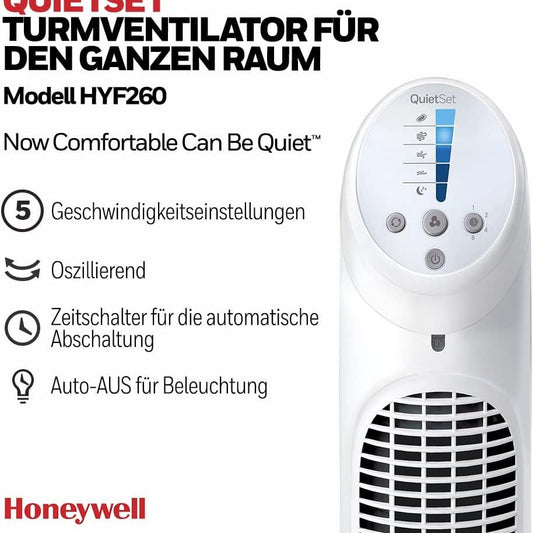 Honeywell QuietSet Oszillierender Turmventilator 5 Geschwindigkeitseinstellungen Oszillation