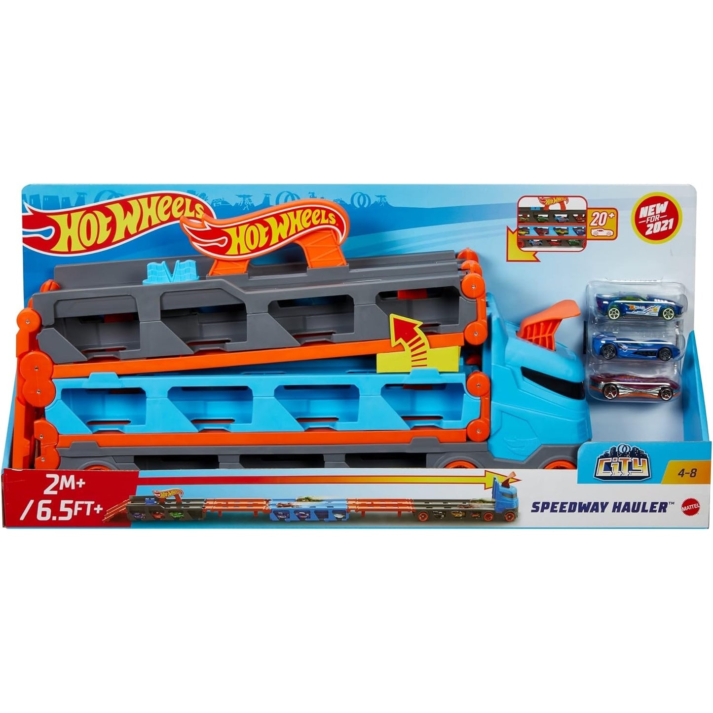 Hot Wheels HGH33 - 2-in-1 Rennbahn-Transporter zur Aufbewahrung mit 3 Fahrzeugen, fasst 20+ Fahrzeuge