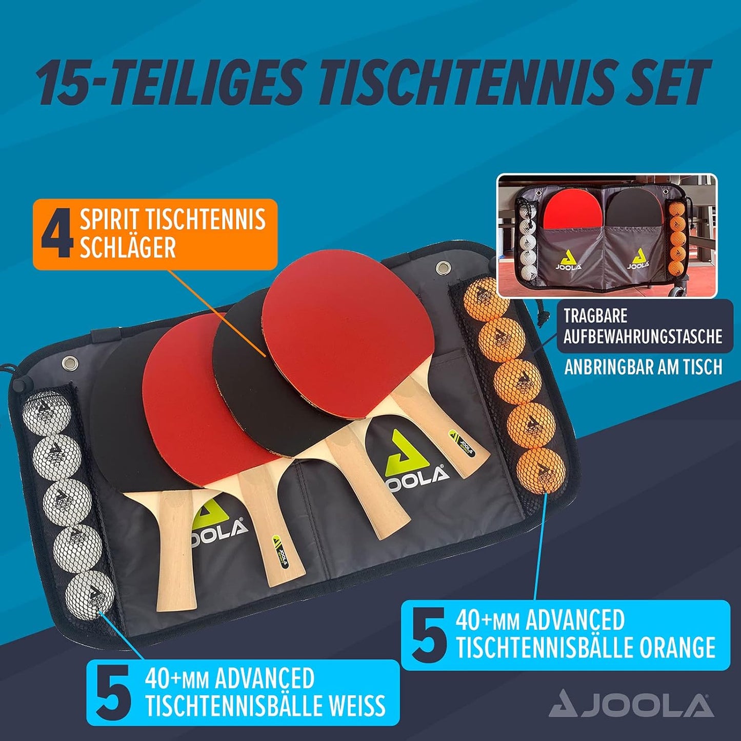 JOOLA Tischtennis-Set Family Tischtennis-Set mit 4 Tischtennisschlägern Tischtennisbällen und Tragetasche