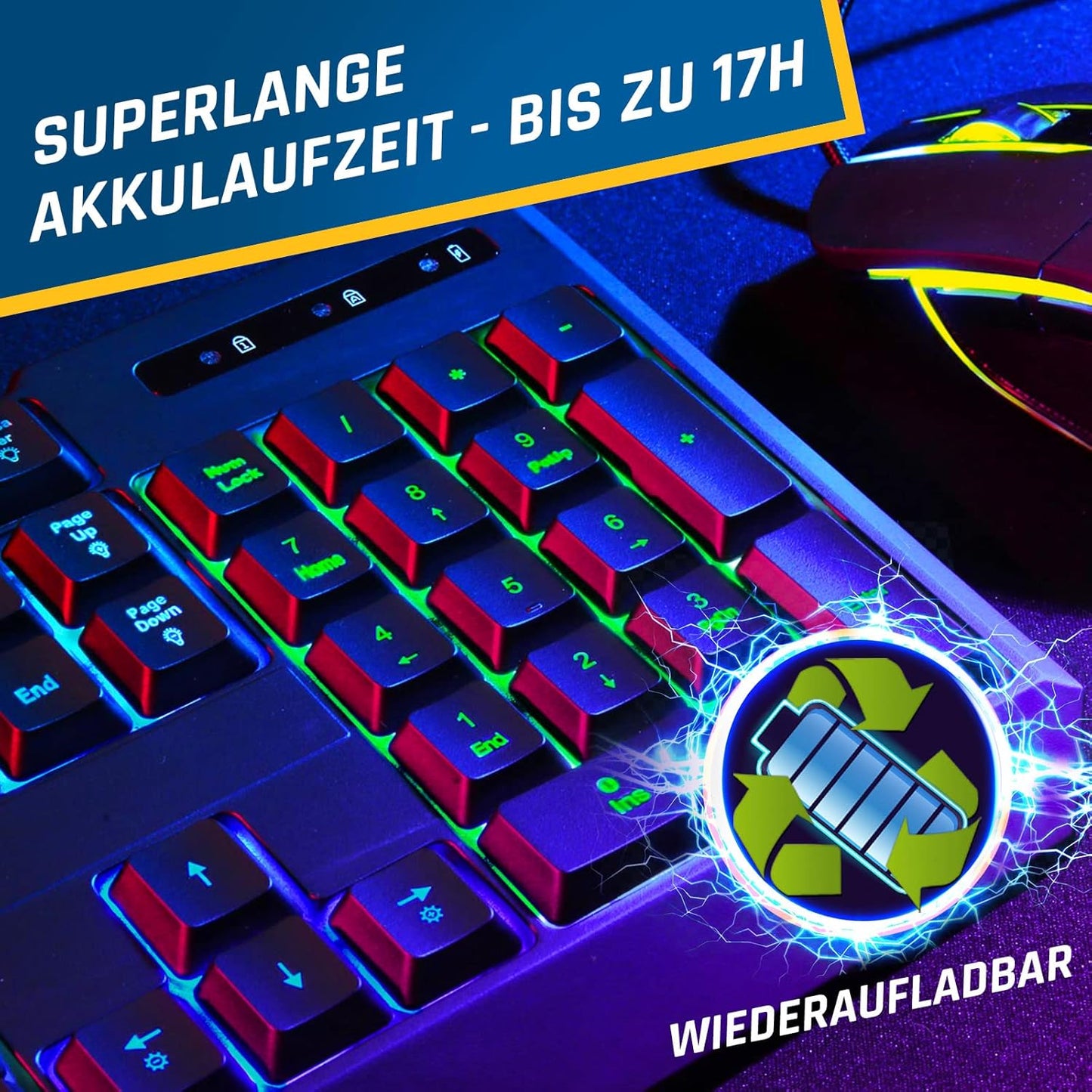 KLIM Chroma Wireless Gaming Tastatur Kabellos QWERTZ DEUTSCH Ergonomisch Wasserdicht Leise + RGB Kabellos