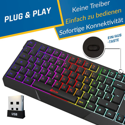 KLIM Chroma Wireless Gaming Tastatur Kabellos QWERTZ DEUTSCH Ergonomisch Wasserdicht Leise + RGB Kabellos