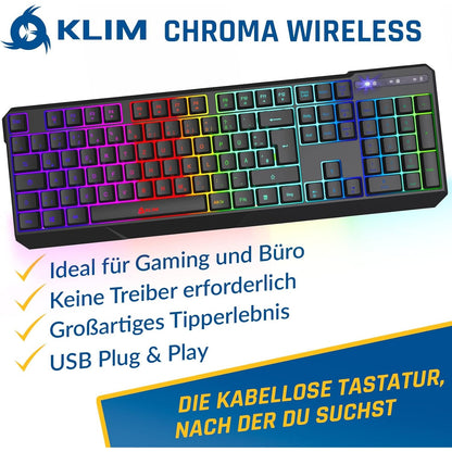 KLIM Chroma Wireless Gaming Tastatur Kabellos QWERTZ DEUTSCH Ergonomisch Wasserdicht Leise + RGB Kabellos