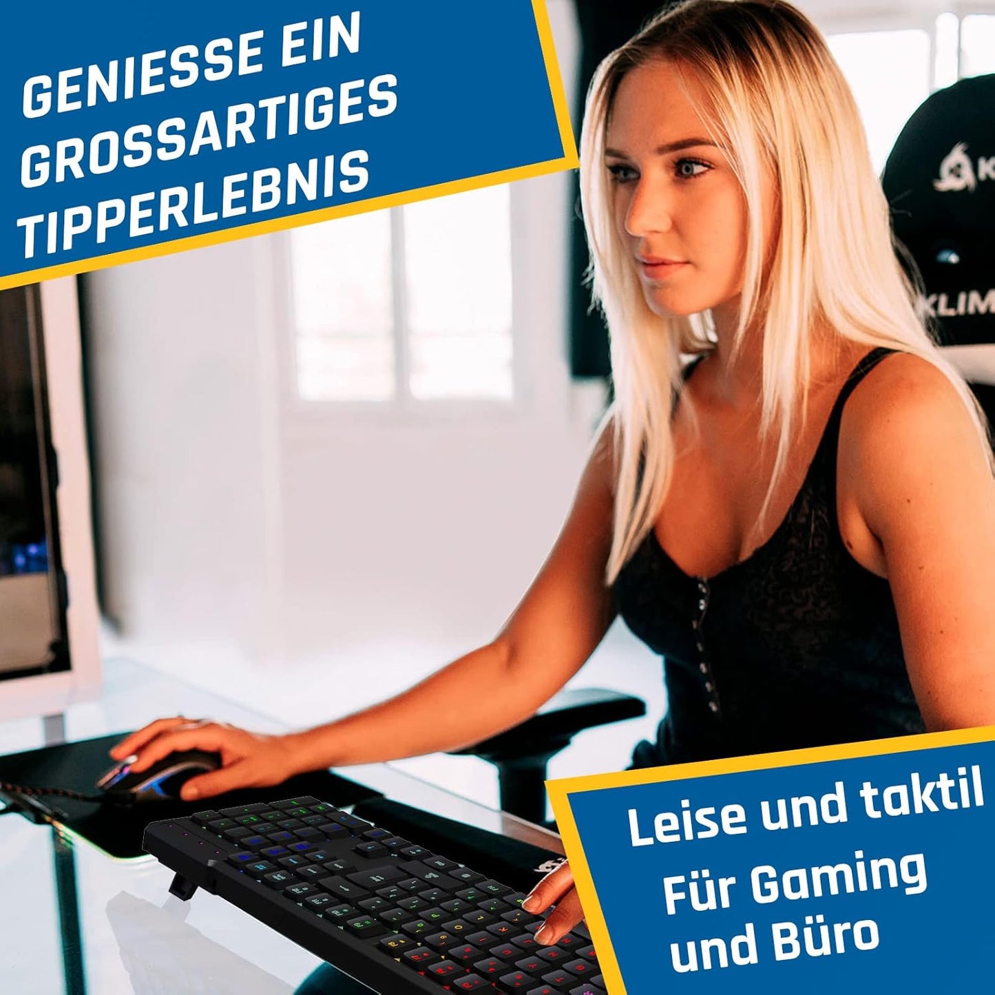 KLIM Chroma Wireless Gaming Tastatur Kabellos QWERTZ DEUTSCH Ergonomisch Wasserdicht Leise + RGB Kabellos