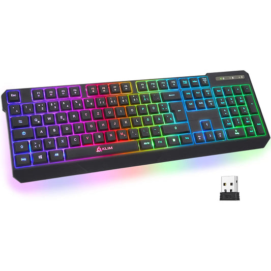 KLIM Chroma Wireless Gaming Tastatur Kabellos QWERTZ DEUTSCH Ergonomisch Wasserdicht Leise + RGB Kabellos