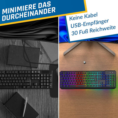 KLIM Chroma Wireless Gaming Tastatur Kabellos QWERTZ DEUTSCH Ergonomisch Wasserdicht Leise + RGB Kabellos