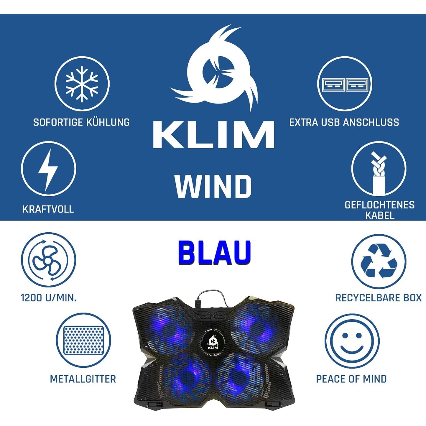 KLIM Wind Laptop Kühler Leistungsstark Schneller Kühlvorgang 4 Lüfter PC Notebook PS4 Belüfteter Ständer