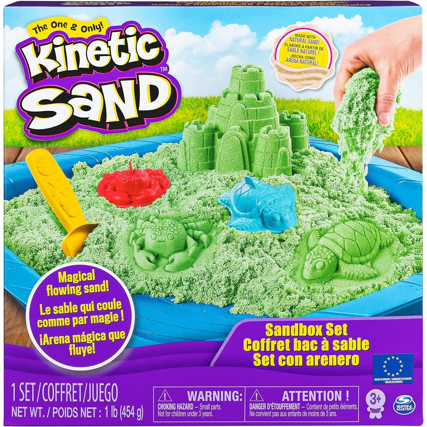 Kinetic Sandbox Set - mit 454g magischem Kinetic Sand aus Schweden in Grün, 3 Förmchen und Schaufel