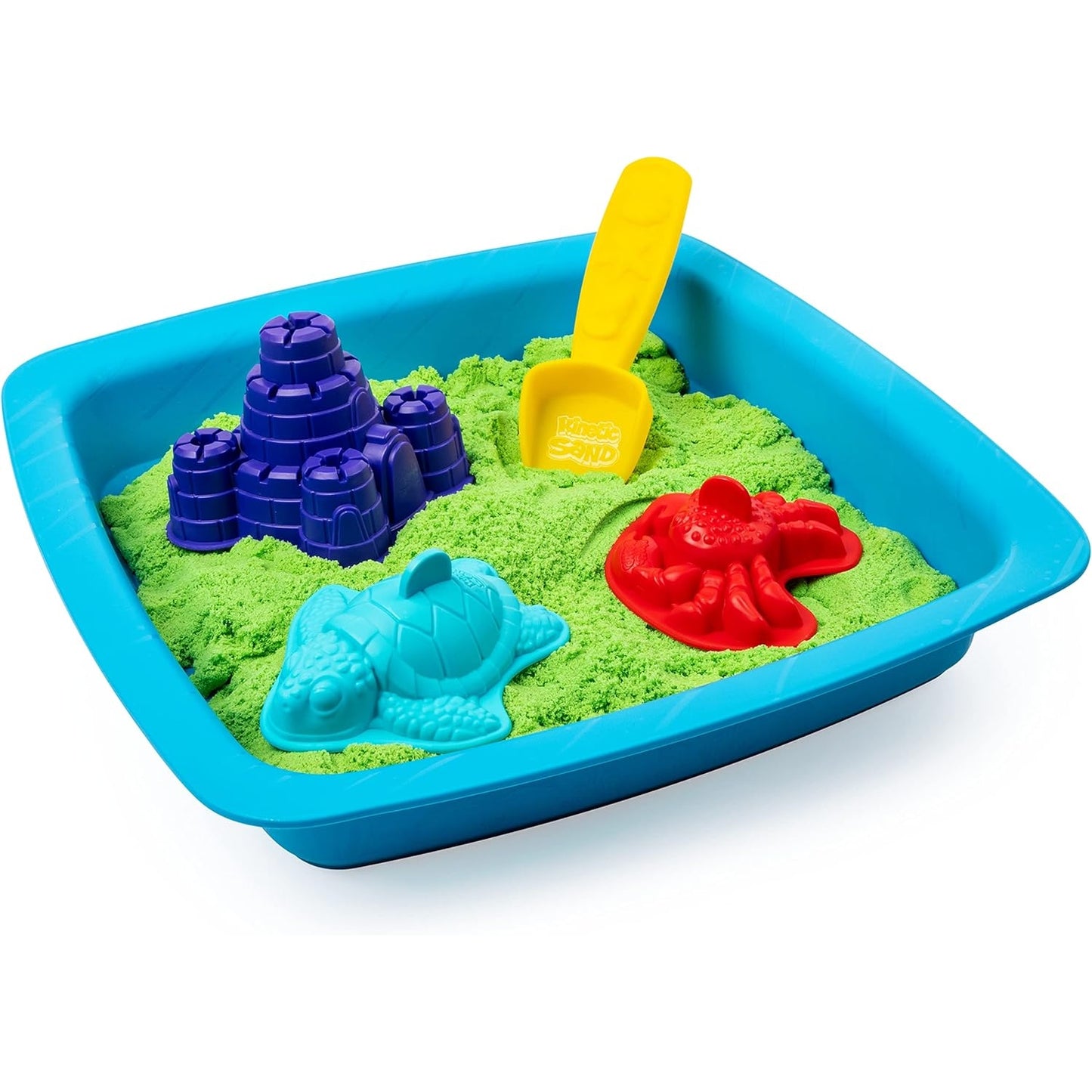 Kinetic Sandbox Set - mit 454g magischem Kinetic Sand aus Schweden in Grün, 3 Förmchen und Schaufel