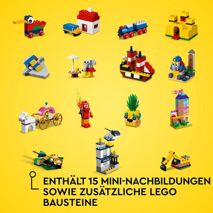 LEGO 11021 Classic 90 Jahre Spielspaß Set, Bausteine-Box mit 15 Mini-Modellen inkl. Zug und Schloss