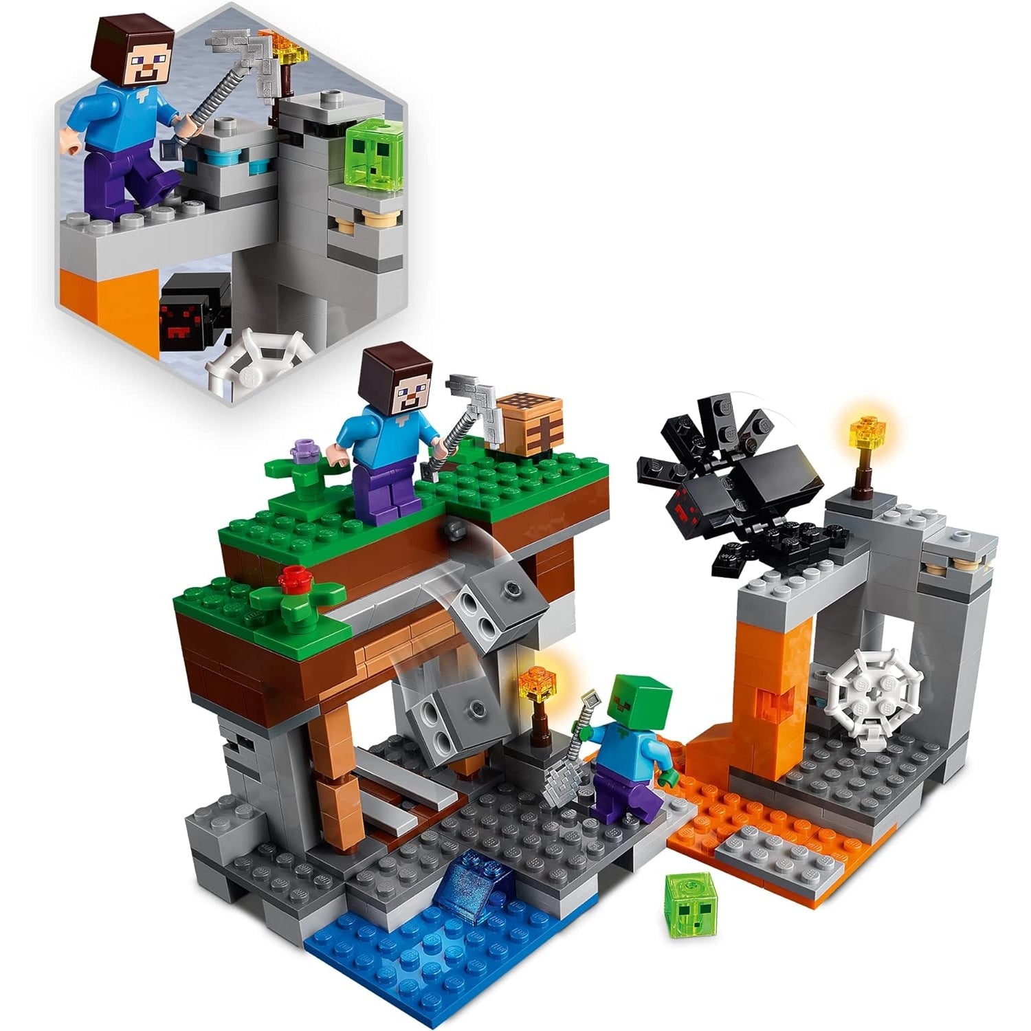 LEGO 21166 Minecraft Die verlassene Mine Bauset, Zombiehöhle mit Figuren: Schleim, Steve, Zombie und Spinne