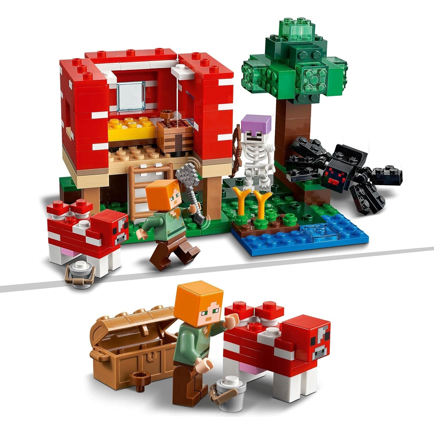 LEGO 21179 Minecraft Das Pilzhaus, ab 8 Jahren, Figuren von Alex, Mooshroom & Spinnenreiter