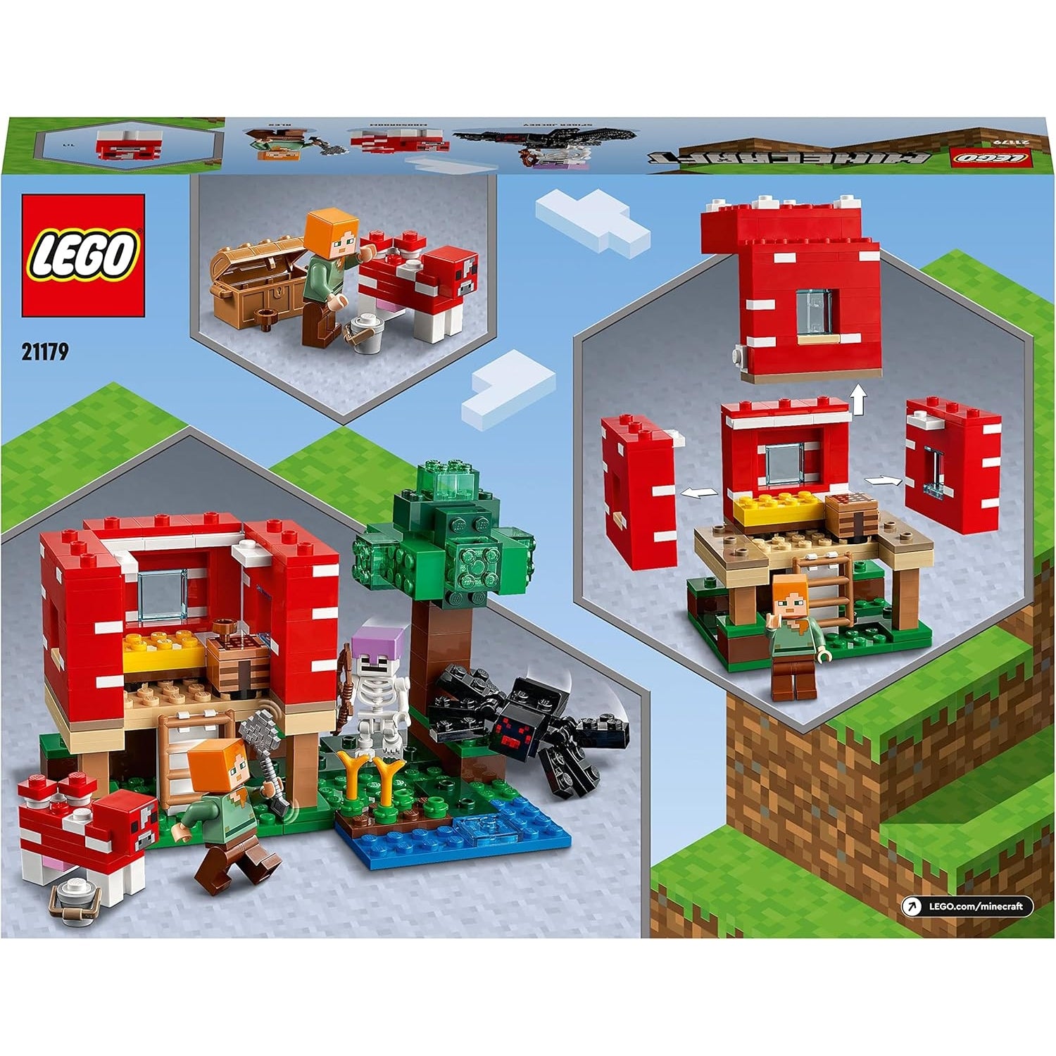 LEGO 21179 Minecraft Das Pilzhaus, ab 8 Jahren, Figuren von Alex, Mooshroom & Spinnenreiter