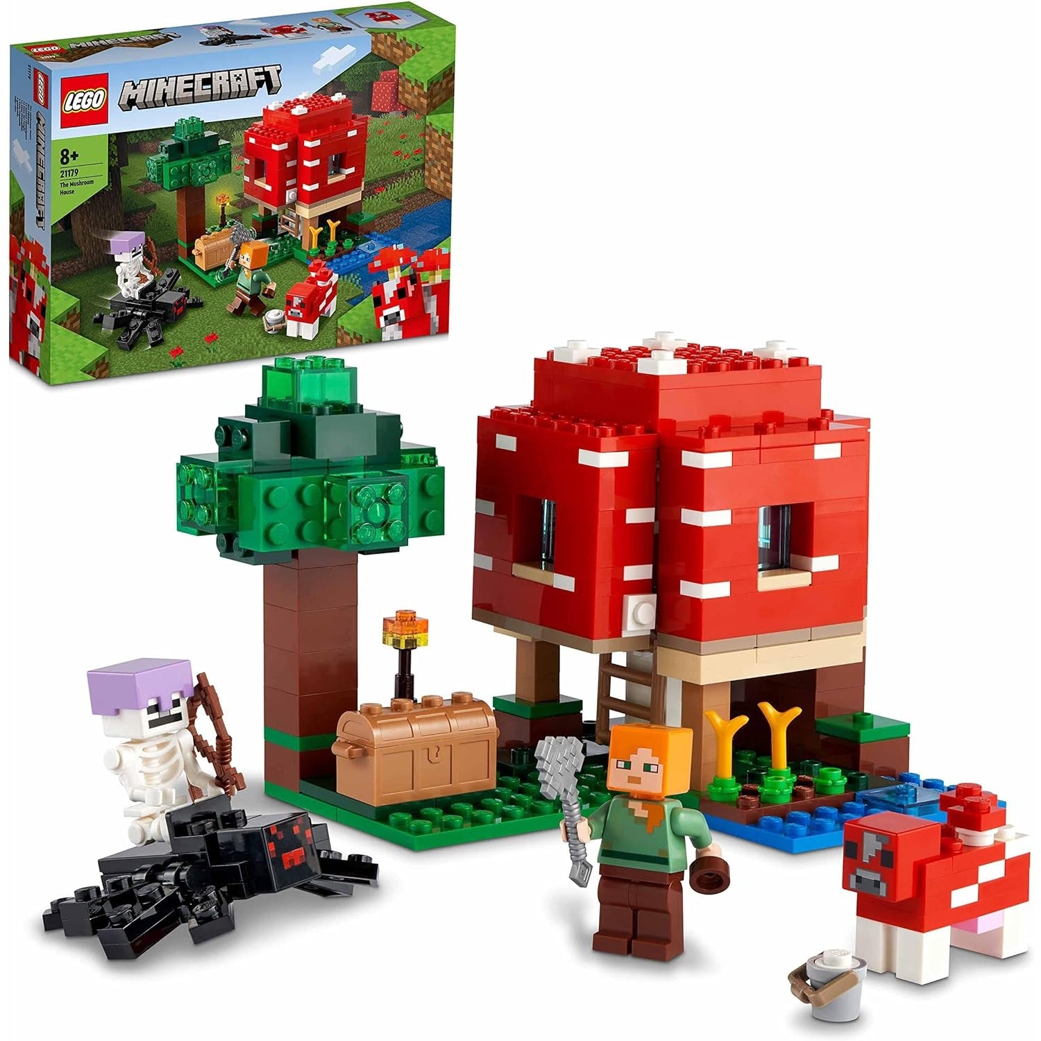 LEGO 21179 Minecraft Das Pilzhaus, ab 8 Jahren, Figuren von Alex, Mooshroom & Spinnenreiter