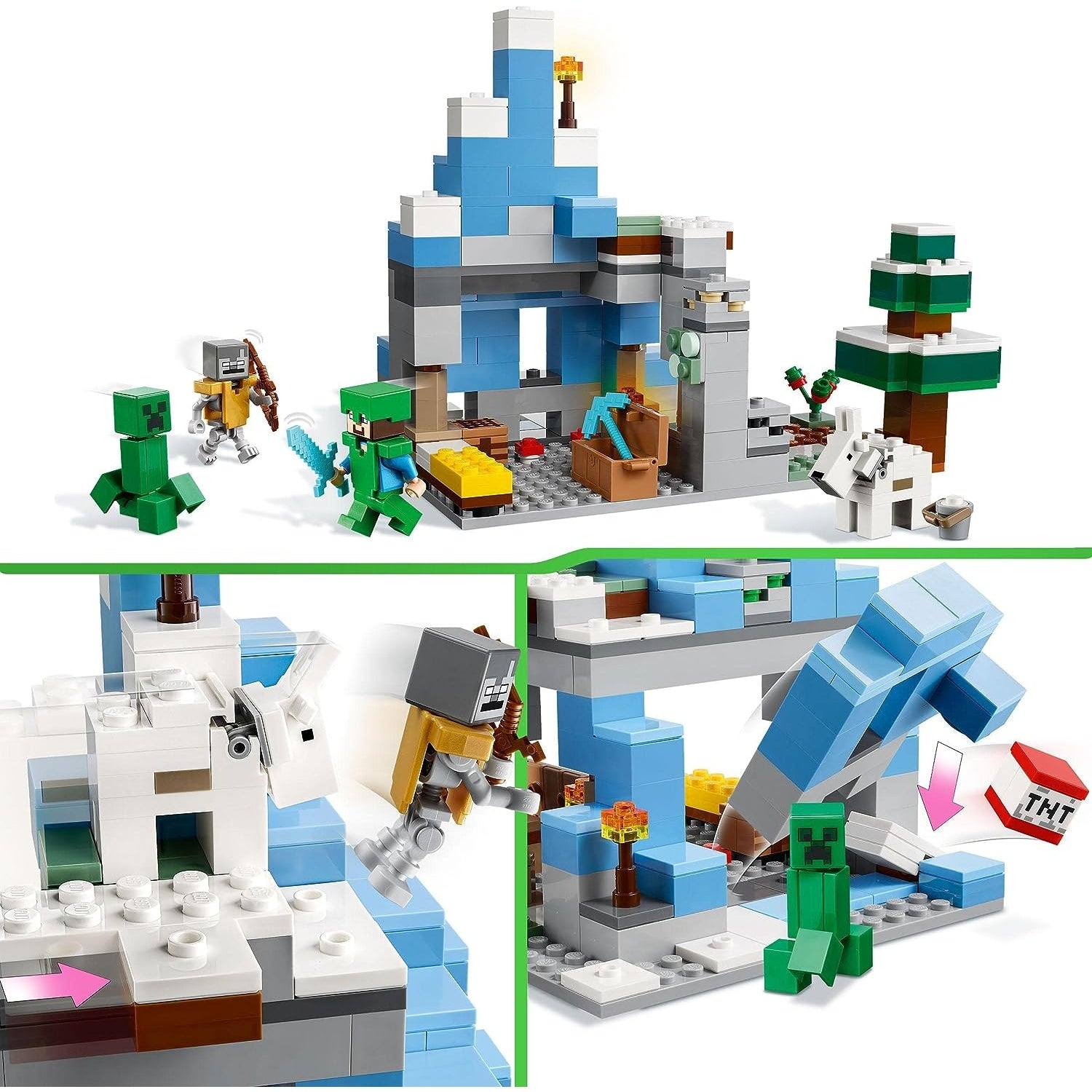 LEGO 21243 Minecraft Die Vereisten Gipfel, Set mit Steve-, Creeper- und Ziegen-Figuren, eisiges Biom und Höhle