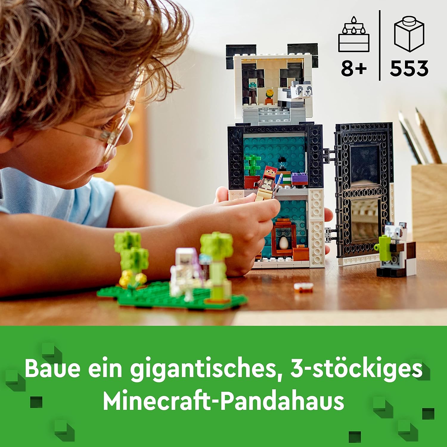 LEGO 21245 Minecraft Das Pandahaus Set, bewegliches Panda-Spielzeug-Haus mit Tier-Figuren und Skelett