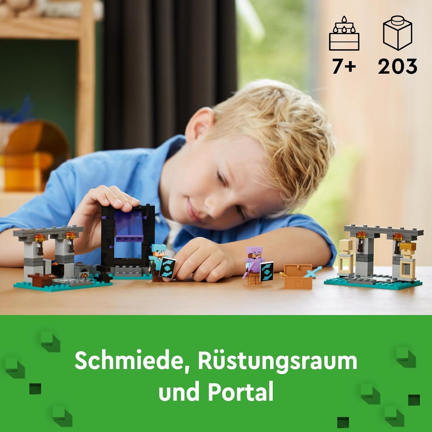 LEGO 21252 Minecraft Die Waffenkammer, Gaming-Set mit Heldenfiguren, Waffen, Alex-Figur