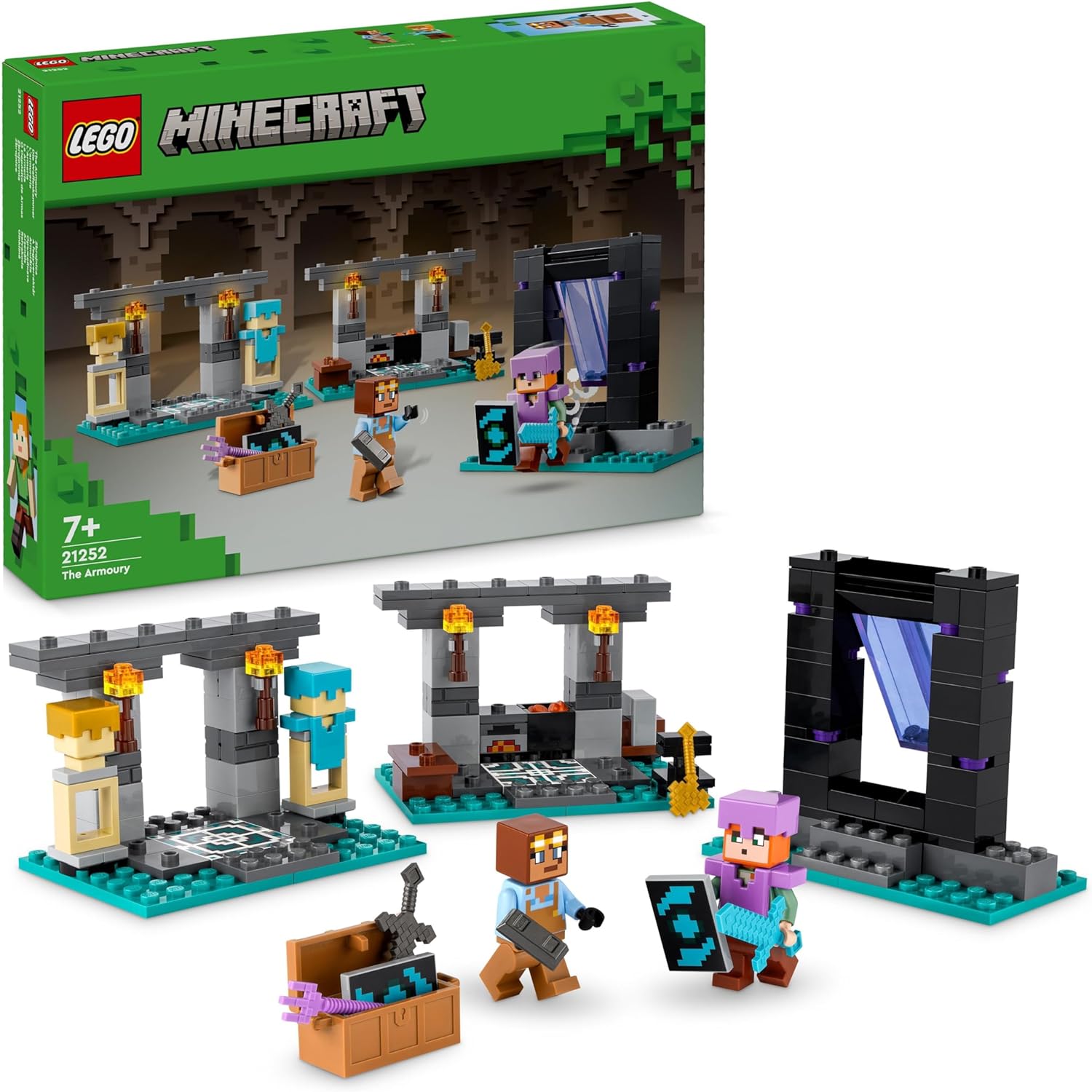 LEGO 21252 Minecraft Die Waffenkammer, Gaming-Set mit Heldenfiguren, Waffen, Alex-Figur