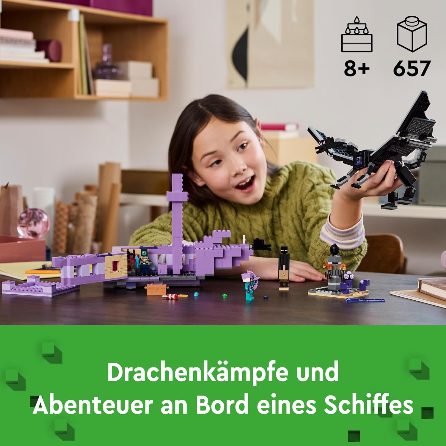 LEGO 21264 Minecraft Der Enderdrache und das Endschiff, Action-Spielzeug und Entdeckerset