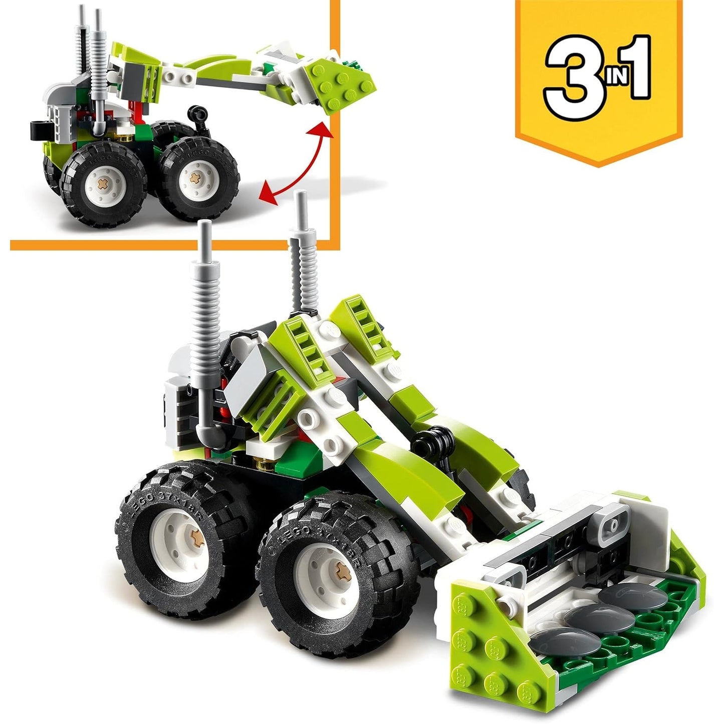 LEGO 31123 Creator 3-in-1 Geländebuggy, Quad, Kompaktlader, Spielzeug Bagger