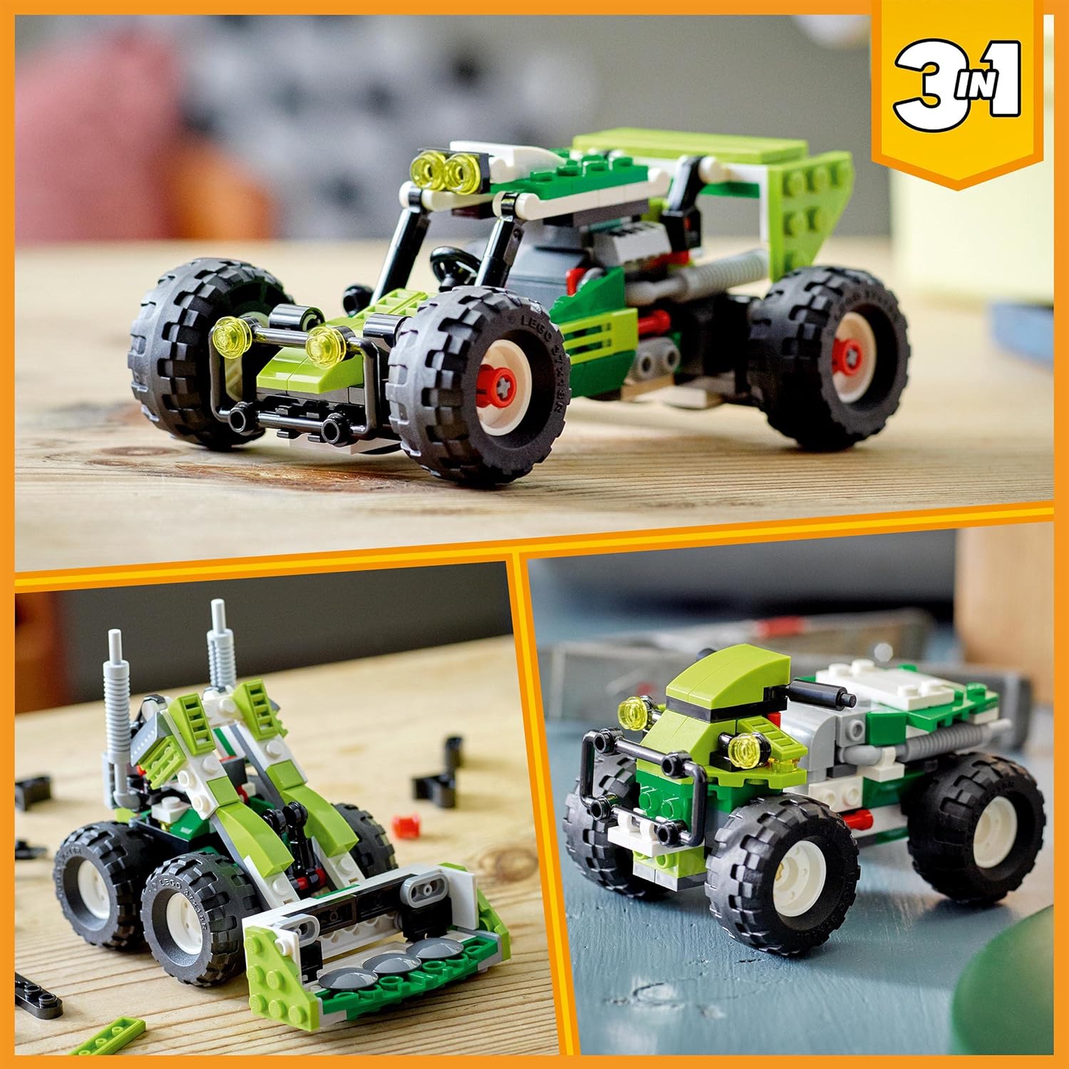 LEGO 31123 Creator 3-in-1 Geländebuggy, Quad, Kompaktlader, Spielzeug Bagger