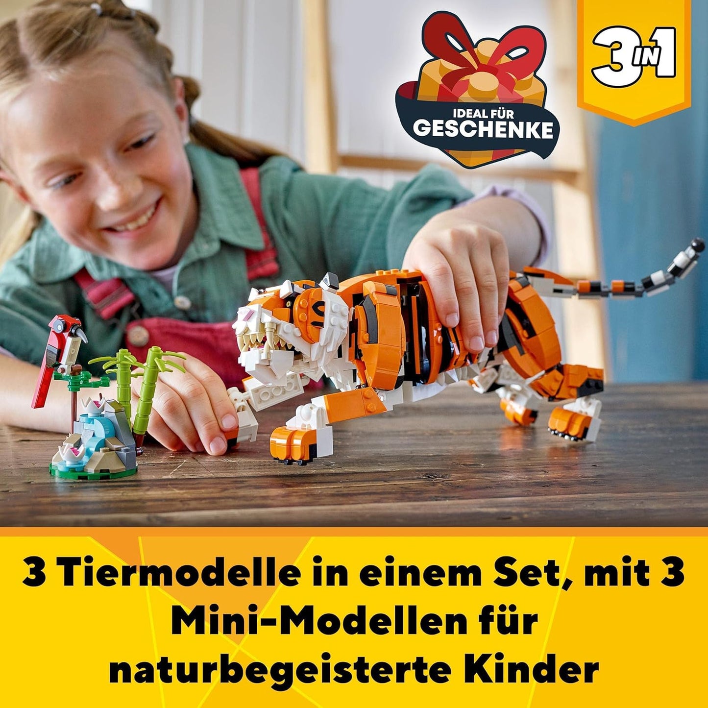 LEGO 31129 Creator Majestätischer Tiger, Panda oder Fisch, 3-in-1 Tierfiguren-Set, Konstruktionsspielzeug mit Tieren