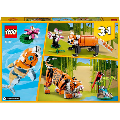 LEGO 31129 Creator Majestätischer Tiger, Panda oder Fisch, 3-in-1 Tierfiguren-Set, Konstruktionsspielzeug mit Tieren