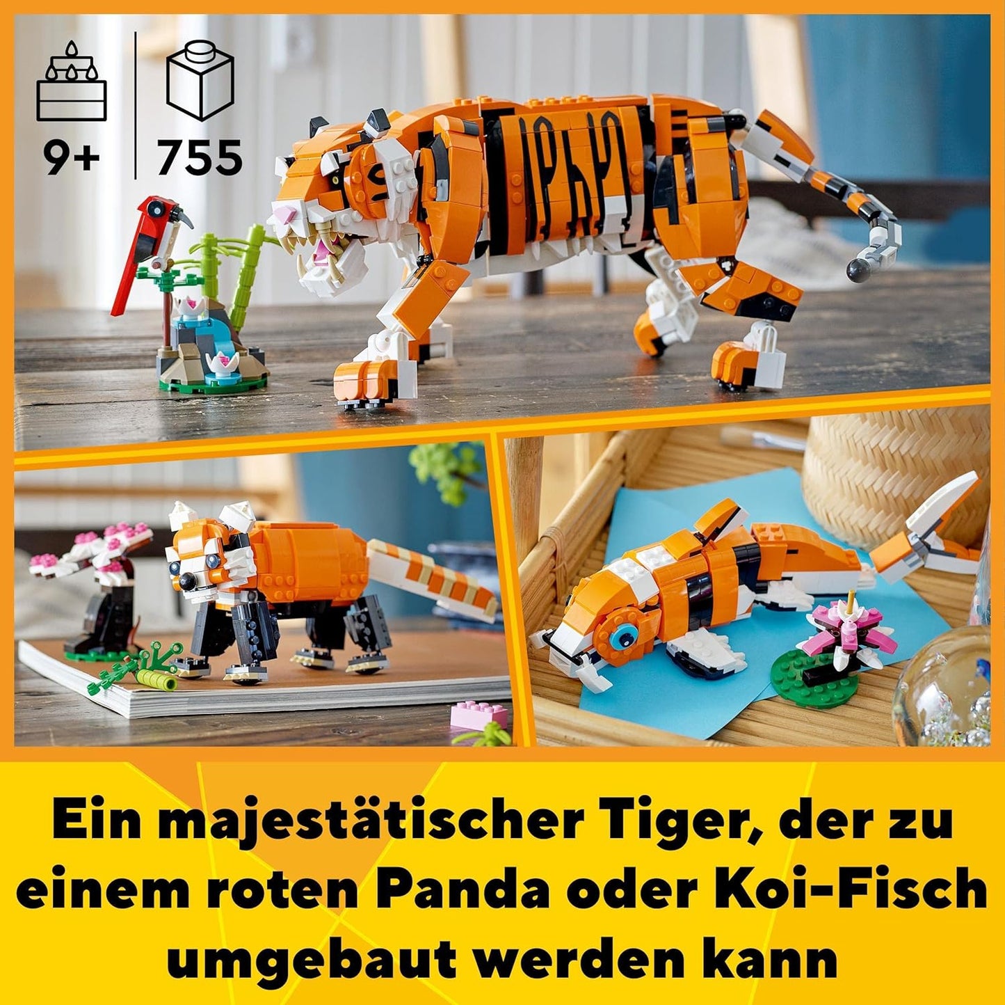 LEGO 31129 Creator Majestätischer Tiger, Panda oder Fisch, 3-in-1 Tierfiguren-Set, Konstruktionsspielzeug mit Tieren