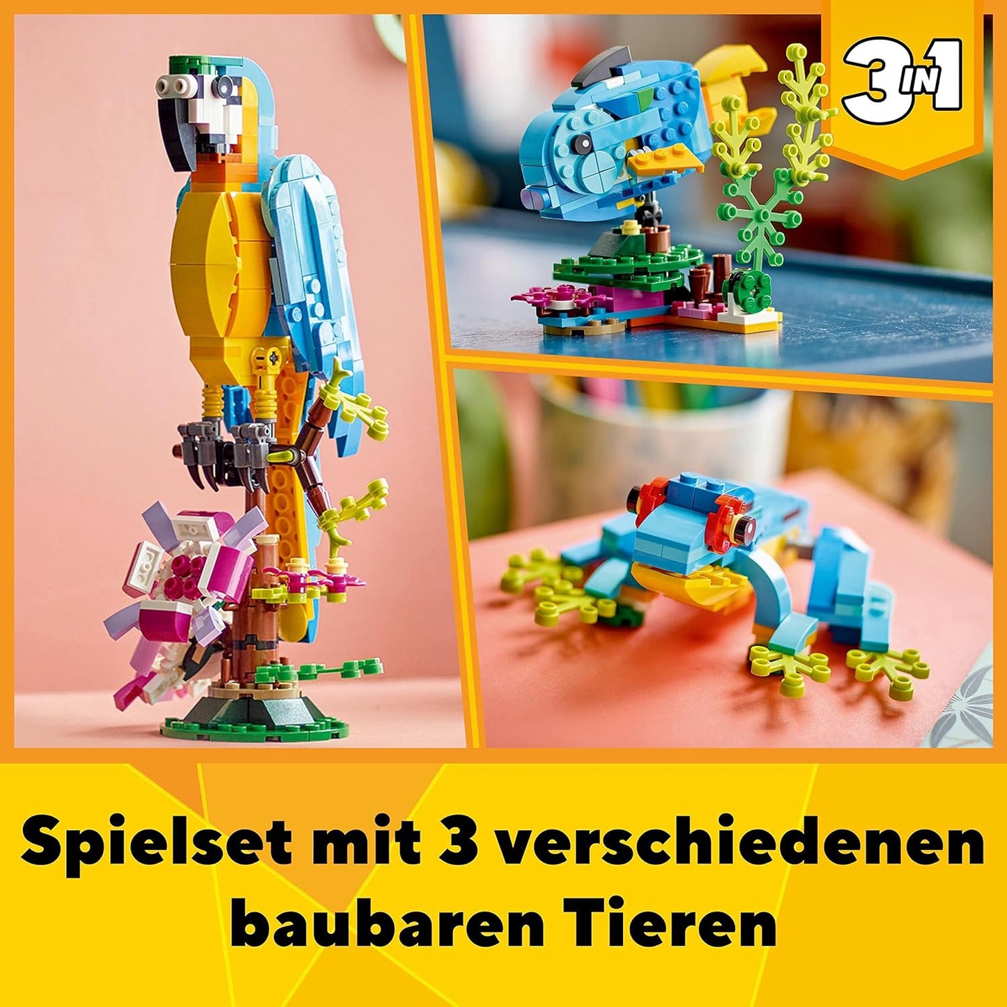 LEGO 31136 Creator 3in1 Exotischer Papagei, Frosch und Fisch Dschungel-Tier-Figuren