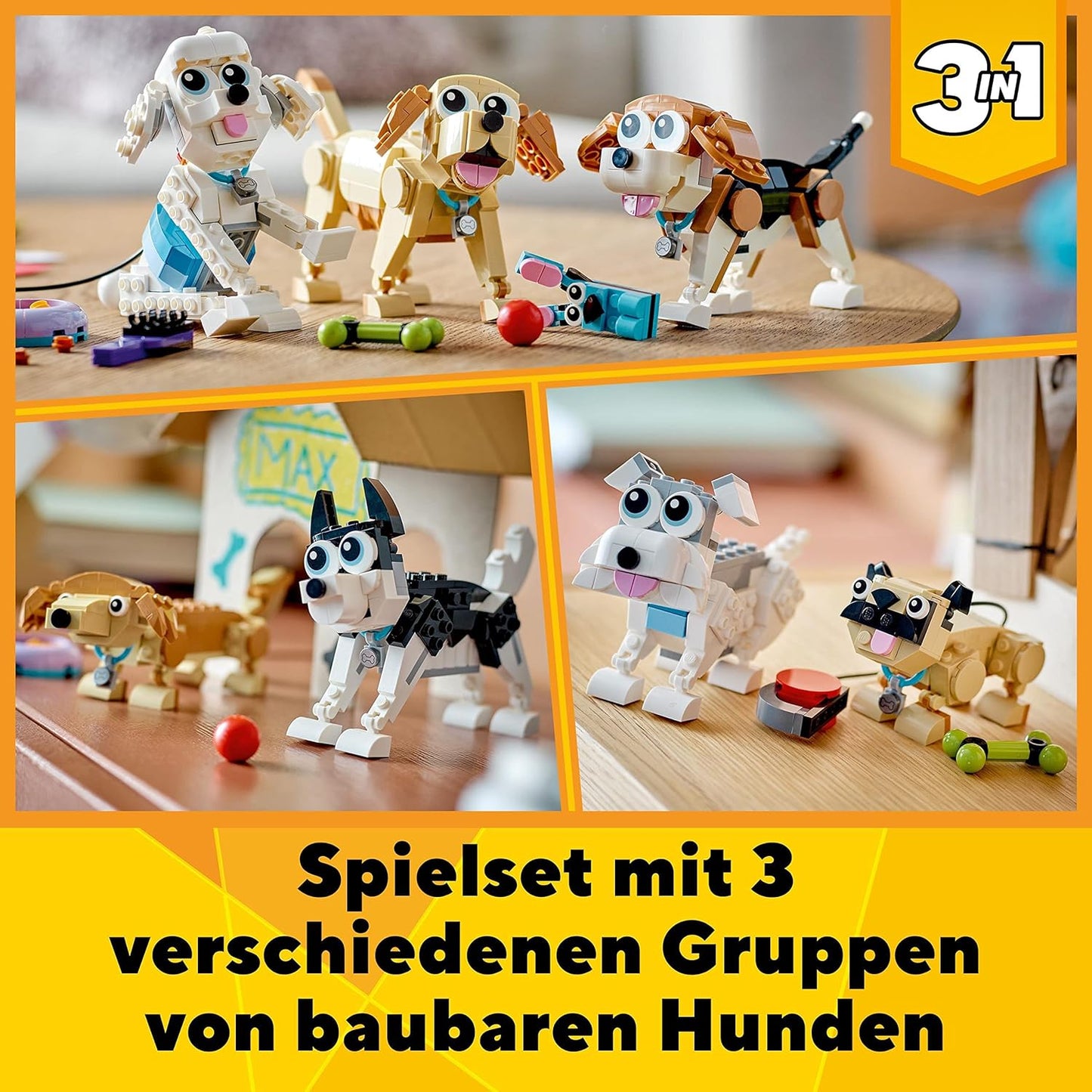 LEGO 31137 Creator 3in1 Niedliche Hunde Set mit Dackel-, Mops-, Pudel-Tierfiguren und mehr