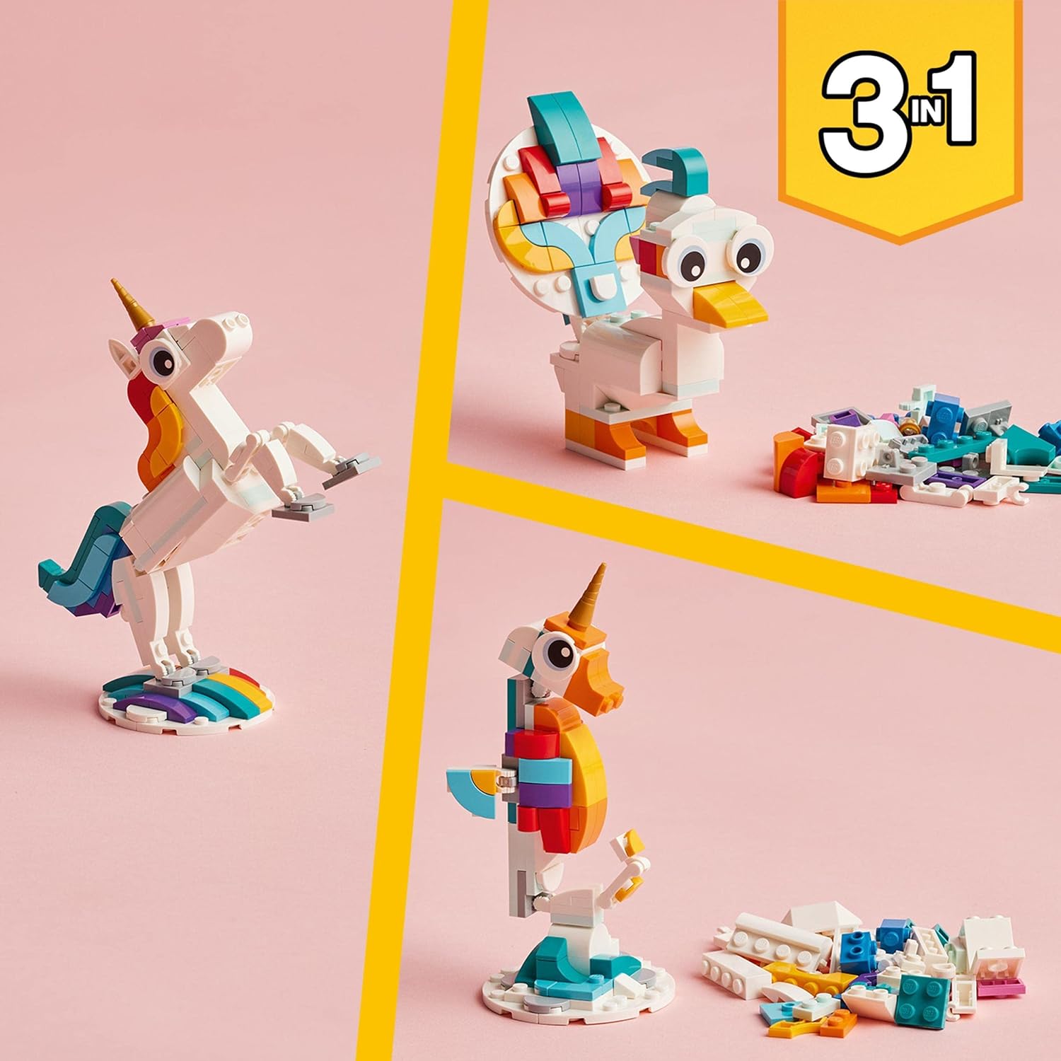 LEGO 31140 Creator 3in1 Magisches Einhorn Spielzeug Seepferdchen Pfau Regenbogen