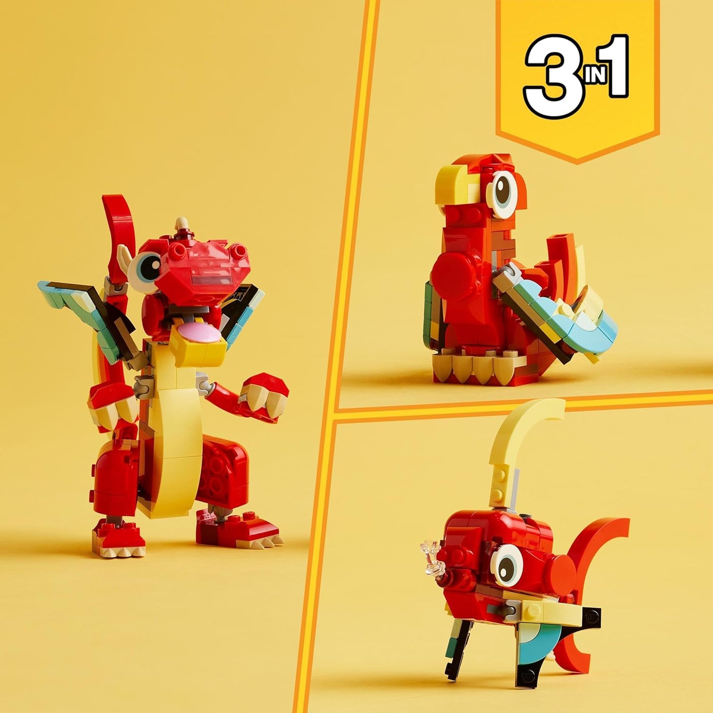 LEGO 31145 Creator 3in1 Roter Drache, Spielzeug mit 3 Tierfiguren Drache, Fisch und Phönix