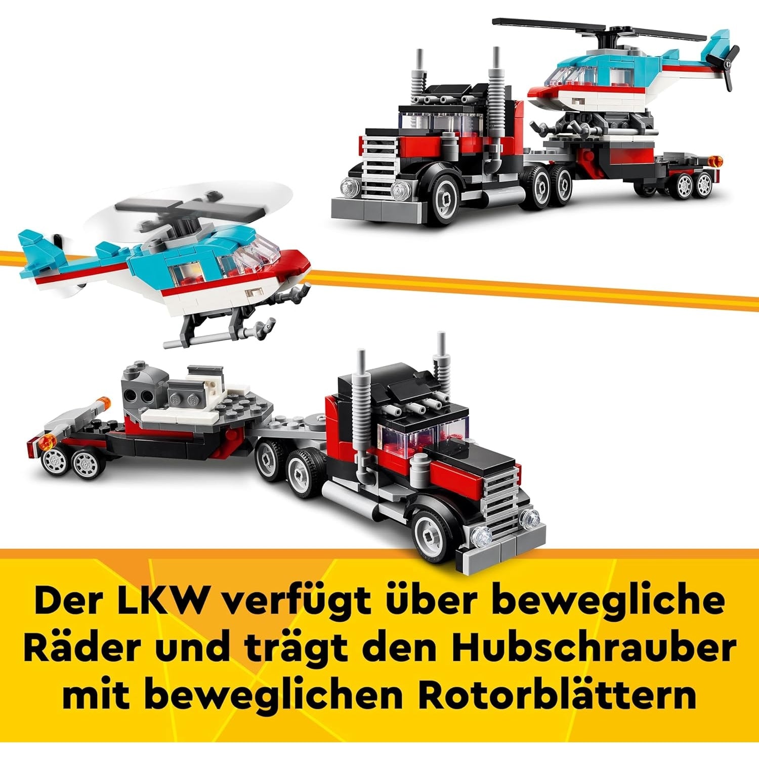 LEGO 31146 Creator 3in1 Tieflader mit Hubschrauber, Fahrzeuge-Set mit Helikopter