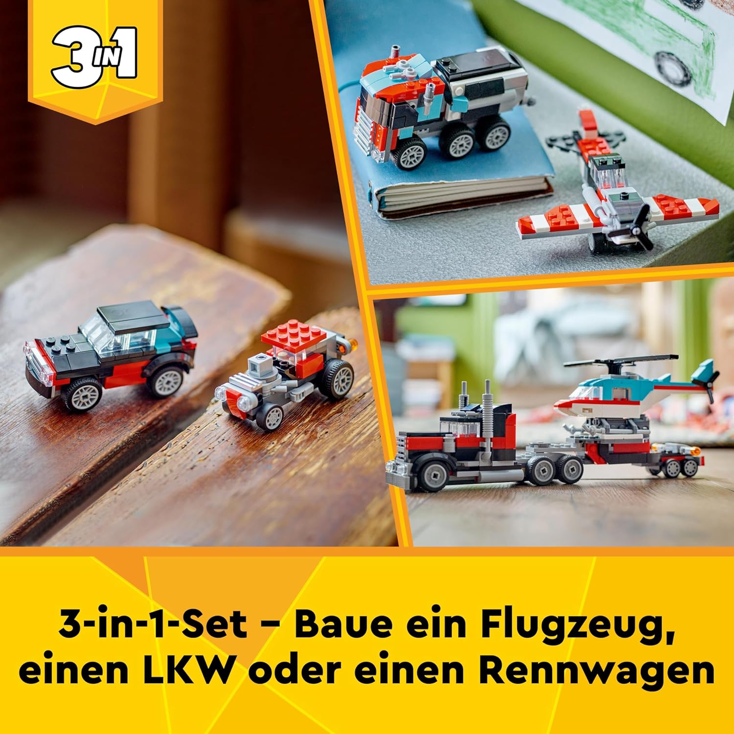 LEGO 31146 Creator 3in1 Tieflader mit Hubschrauber, Fahrzeuge-Set mit Helikopter