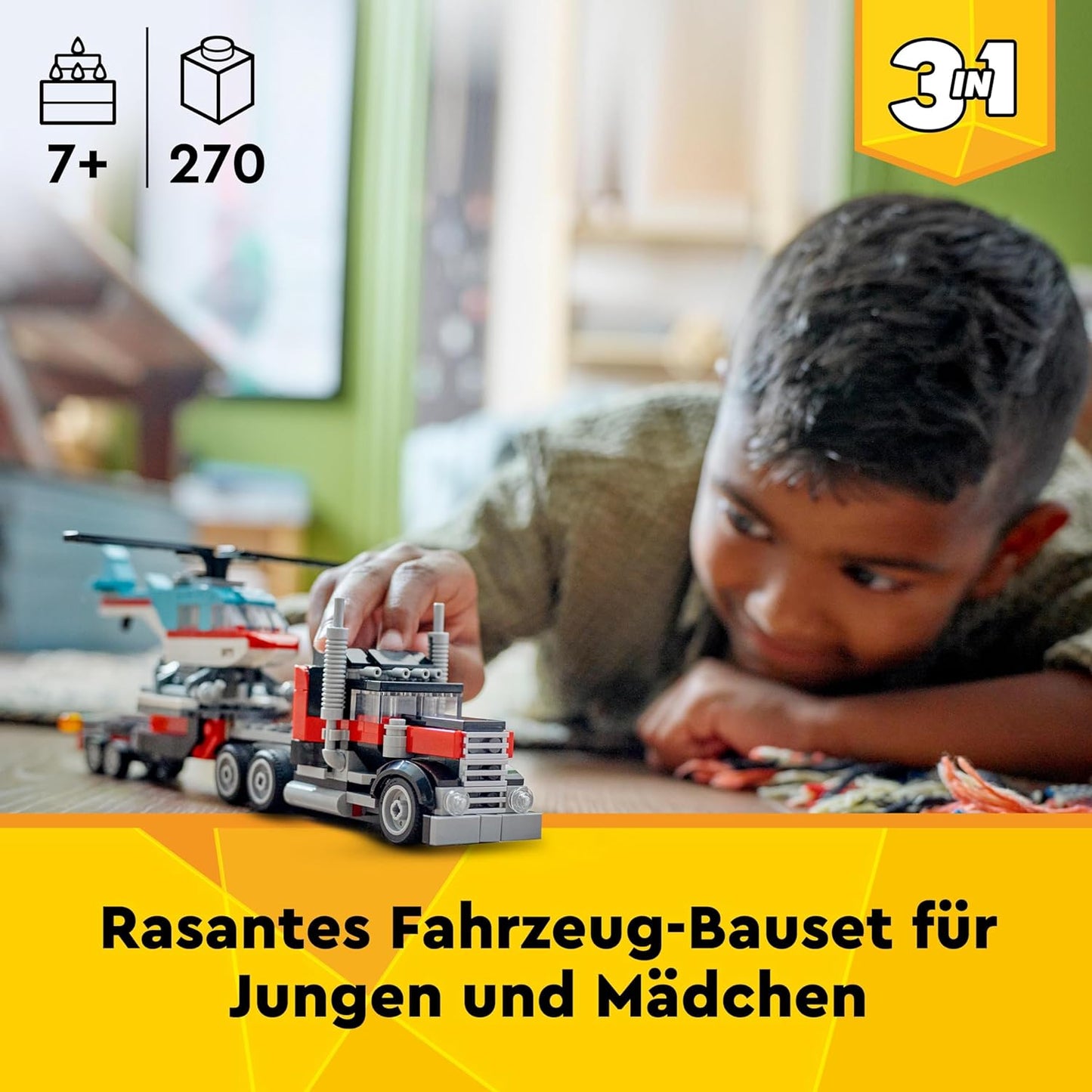 LEGO 31146 Creator 3in1 Tieflader mit Hubschrauber, Fahrzeuge-Set mit Helikopter