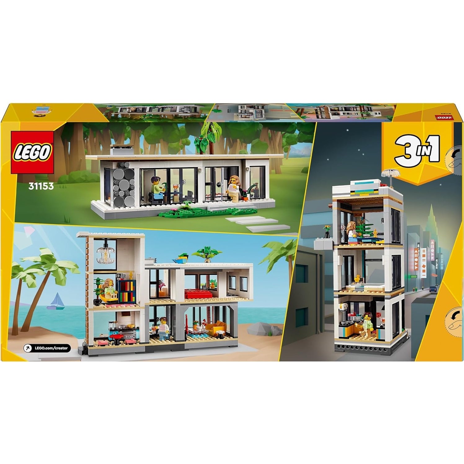 LEGO 31153 Creator Modernes Haus, 3-in-1-Set zum Umbauen in ein Stadthaus oder Waldhütte