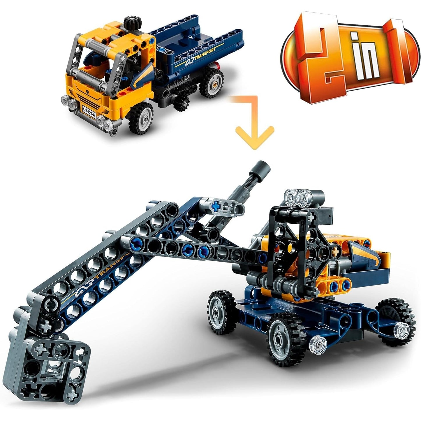 LEGO 42147 Technic Kipplaster Spielzeug, 2in1-Set mit Konstruktions-Modell und Bagger