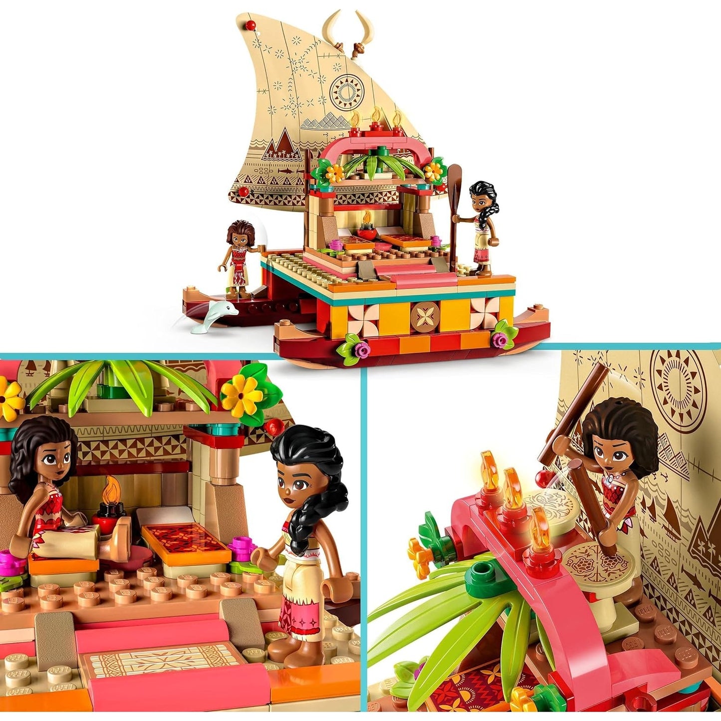 LEGO 43210 Disney Princess Vaianas Katamaran Spielzeug Boot mit Vaiana und Sina Prinzessinnen Mini-Puppen & Delfin-Figur