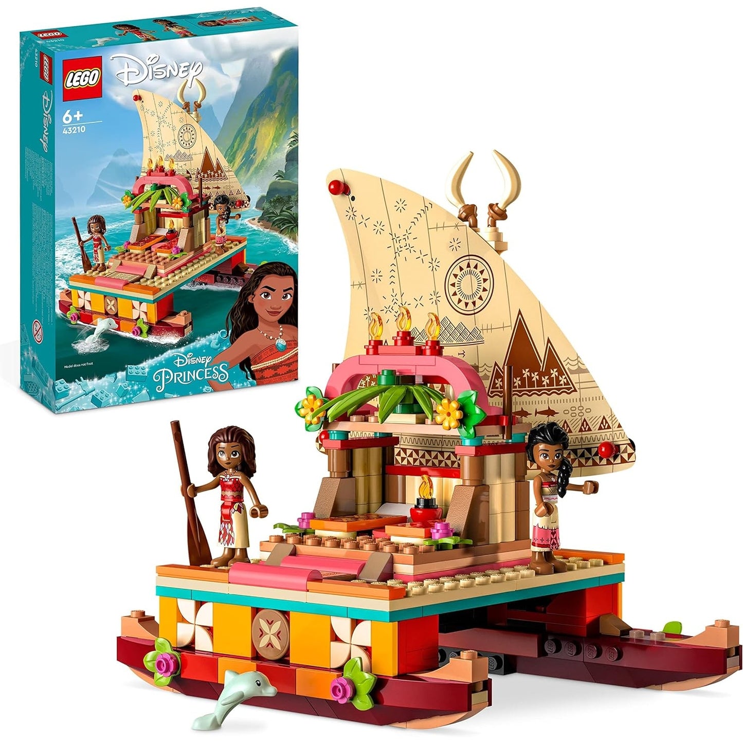 LEGO 43210 Disney Princess Vaianas Katamaran Spielzeug Boot mit Vaiana und Sina Prinzessinnen Mini-Puppen & Delfin-Figur