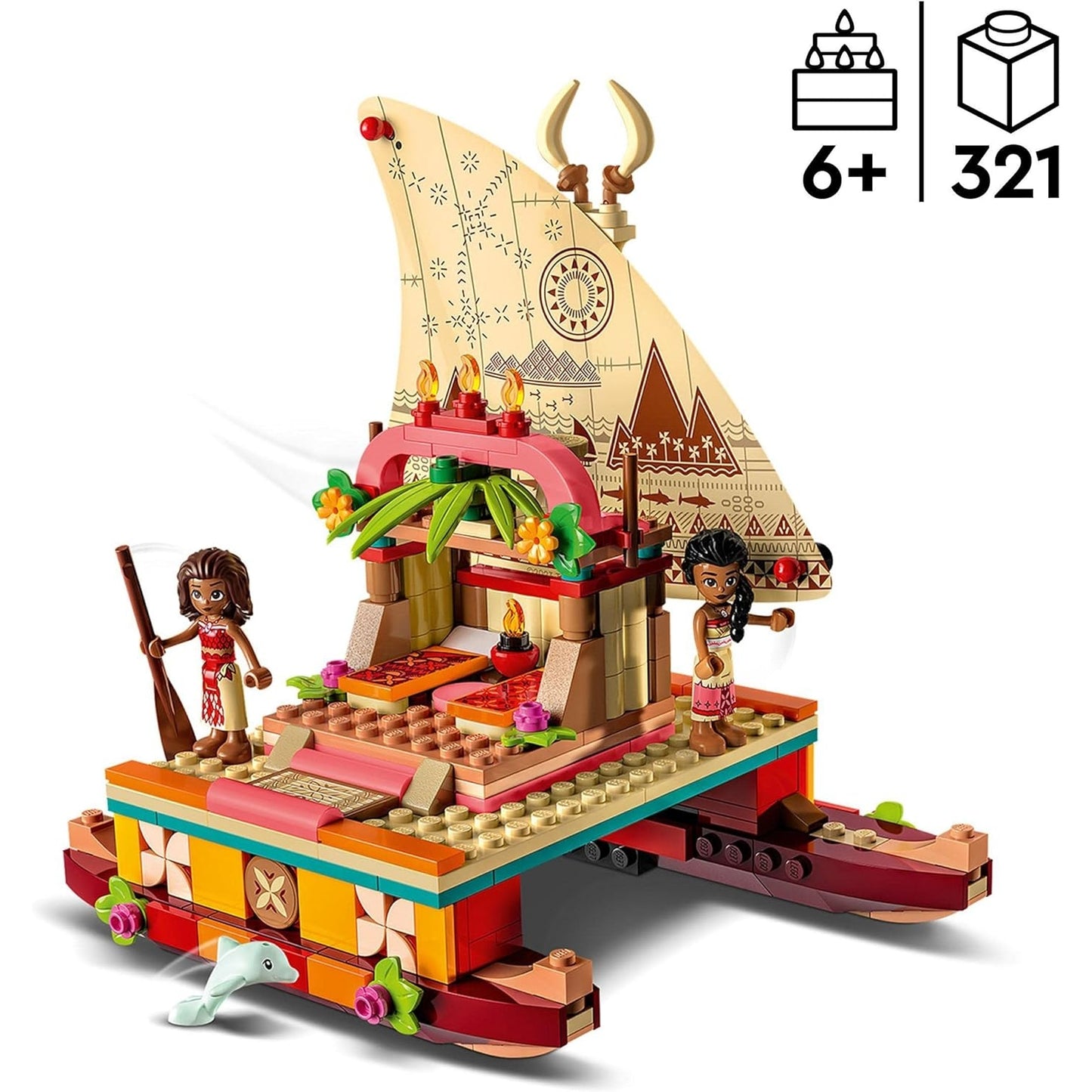 LEGO 43210 Disney Princess Vaianas Katamaran Spielzeug Boot mit Vaiana und Sina Prinzessinnen Mini-Puppen & Delfin-Figur